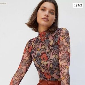 Anthropologie Gauzy Mesh Mock Turtle Neck Floral Lined Extra Small XS
